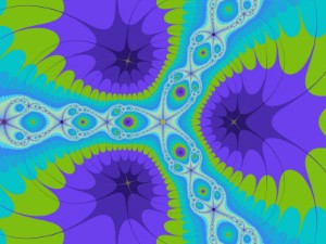 Abstract Purple and Green Fractal Designs on Turquoise Background by Albert Klein