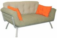 Khaki sofa with orange cushions