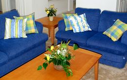 Blue sofa with yellow and cream cushions