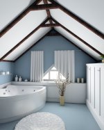 contemporary blue and white bathroom with beamed ceiling and corner bath