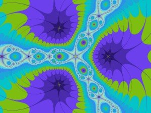 Abstract Purple and Green Fractal Designs on Turquoise Background by Albert Klein